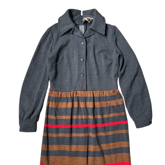 70s vintage maxi shirt dress wool blend pointed collar stripe buttonup Knitique. - Picture 2 of 9